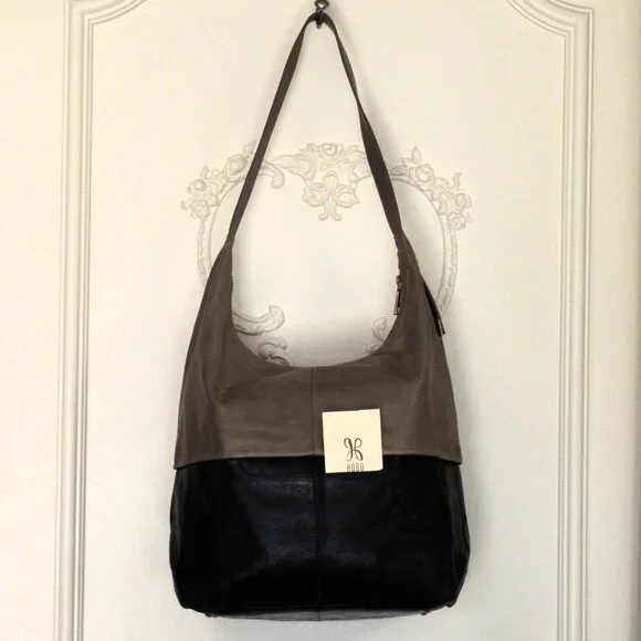 đź–¤ HOBO Joyce Style Shoulder Bag Two-Tone Leather Stone/Gray & Black - Picture 5 of 14